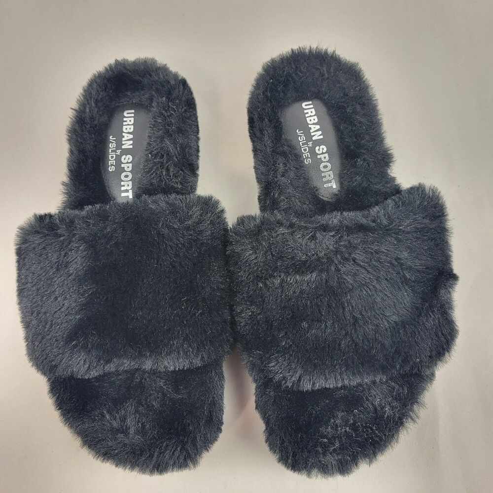 Urban Sport J/Slides Scarlett Women's Black Faux Fur Slippers Size 6M